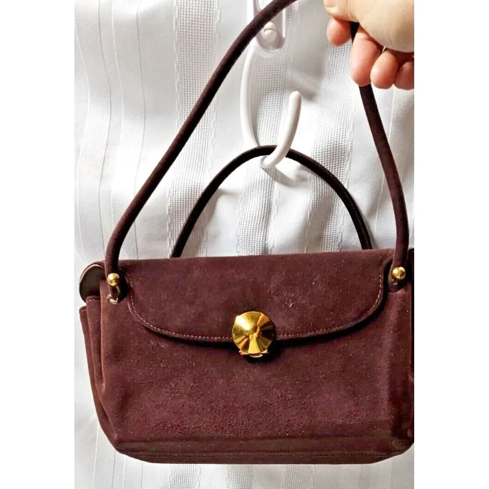 Vintage dark brown Square‎ basket Evening Bag Velvety Ultrasuede double handles